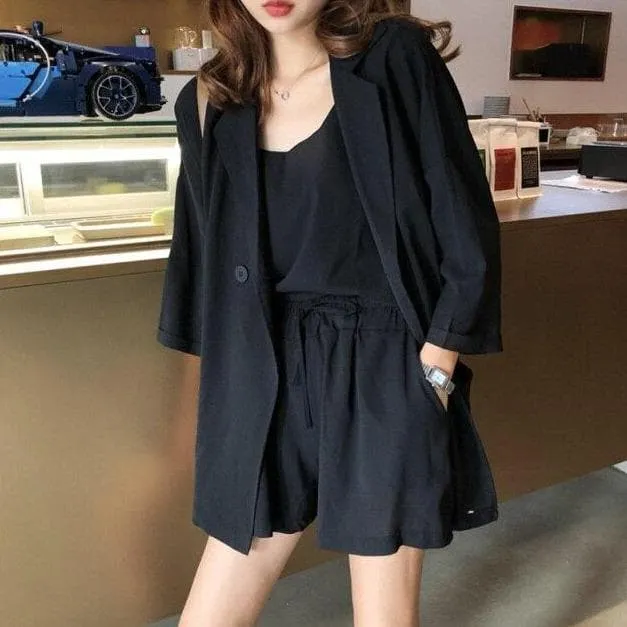 3-Piece-Set: Half-Sleeved Blazer   Camisole   Shorts With Elastic Waist