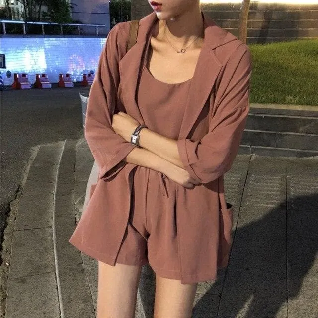 3-Piece-Set: Half-Sleeved Blazer   Camisole   Shorts With Elastic Waist