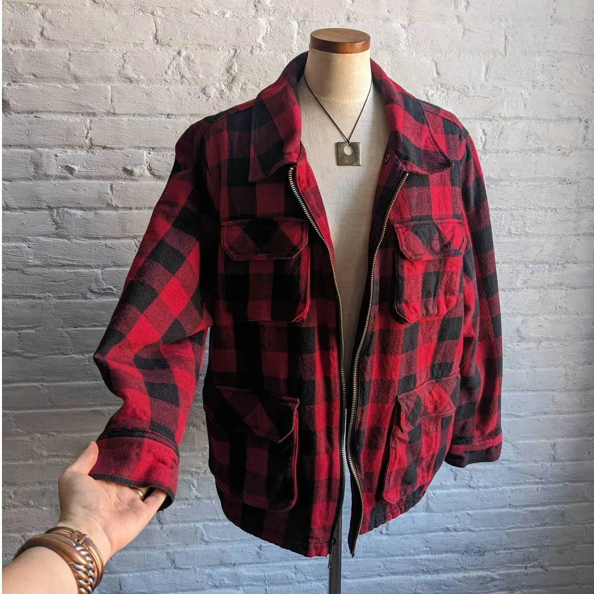 90s Vintage Dickies Red Buffalo Plaid Flannel Jacket Utility Sherpa Blanket Coat