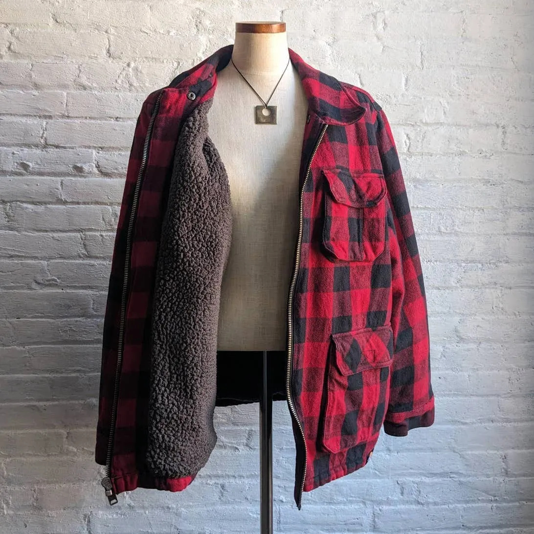 90s Vintage Dickies Red Buffalo Plaid Flannel Jacket Utility Sherpa Blanket Coat