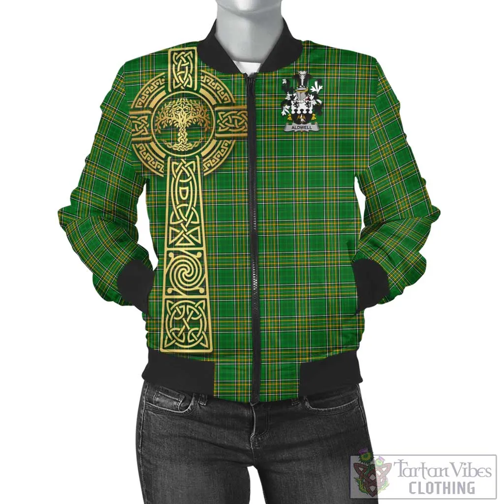 Aldwell Irish Clan Tartan Bomber Jacket with Coat of Arms Celtic Tree of Life Style