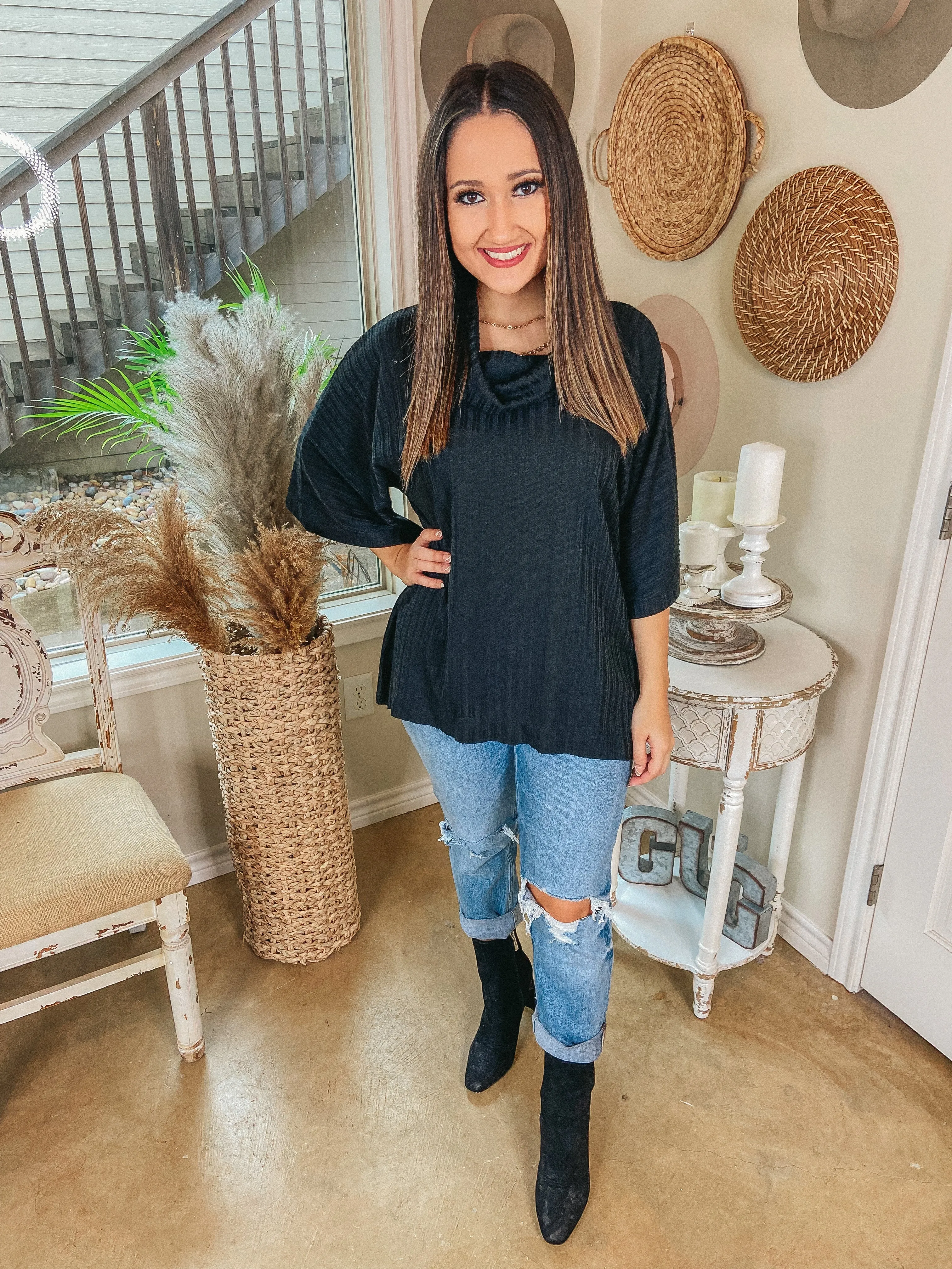 Always Carefree Ribbed Cowl Neck Poncho Top in Black