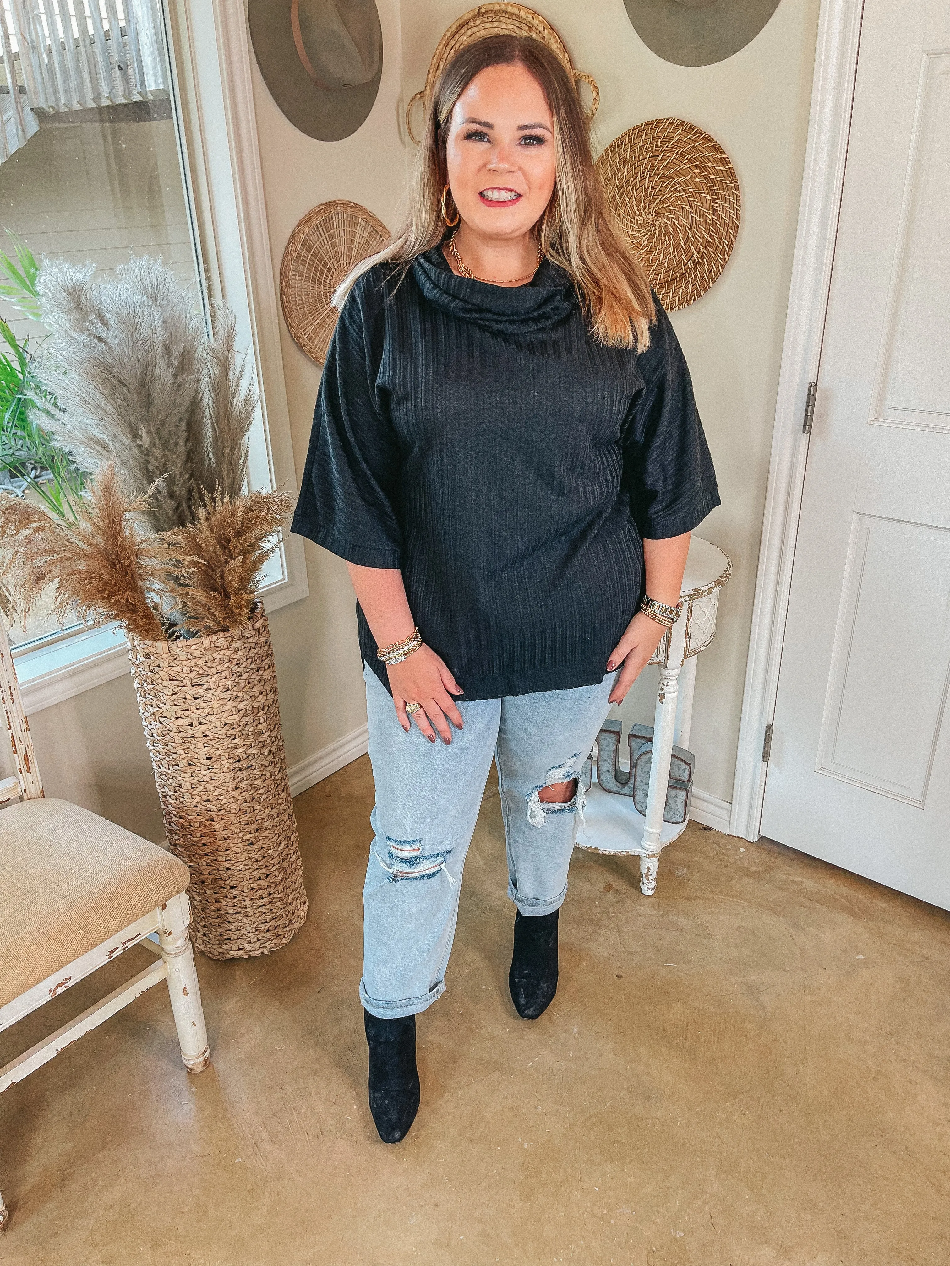 Always Carefree Ribbed Cowl Neck Poncho Top in Black