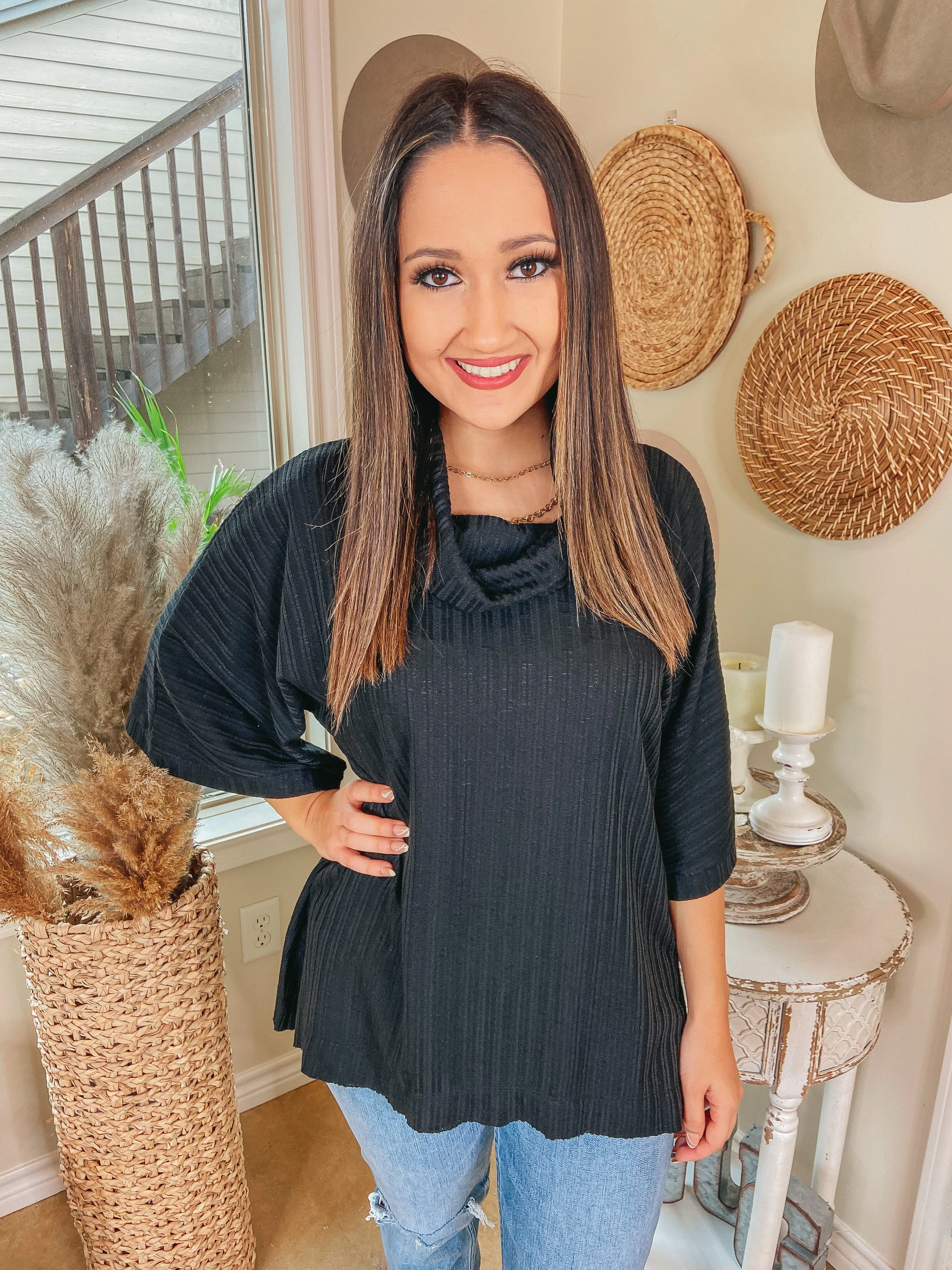 Always Carefree Ribbed Cowl Neck Poncho Top in Black