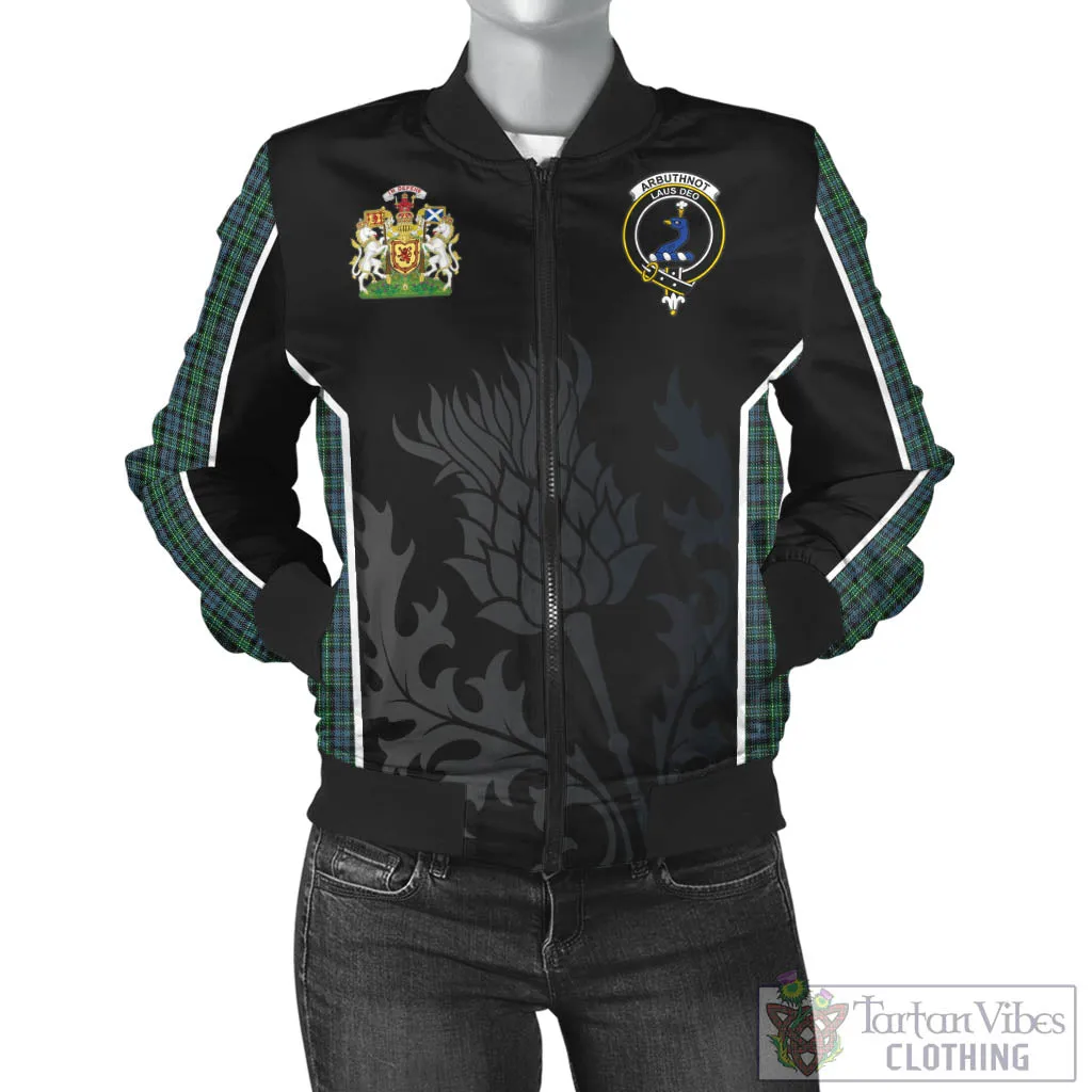 Arbuthnot Tartan Bomber Jacket with Family Crest and Scottish Thistle Vibes Sport Style