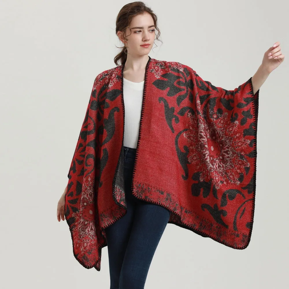 Autumn and Winter Scarf Shawl Retro Elegant Datura Flower Cashmere Split Cape Warm Blanket Wrap