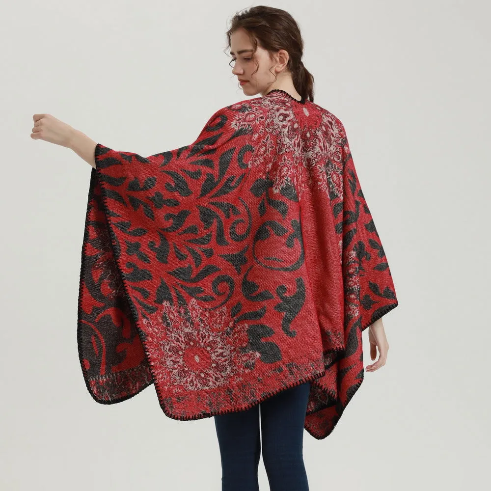 Autumn and Winter Scarf Shawl Retro Elegant Datura Flower Cashmere Split Cape Warm Blanket Wrap