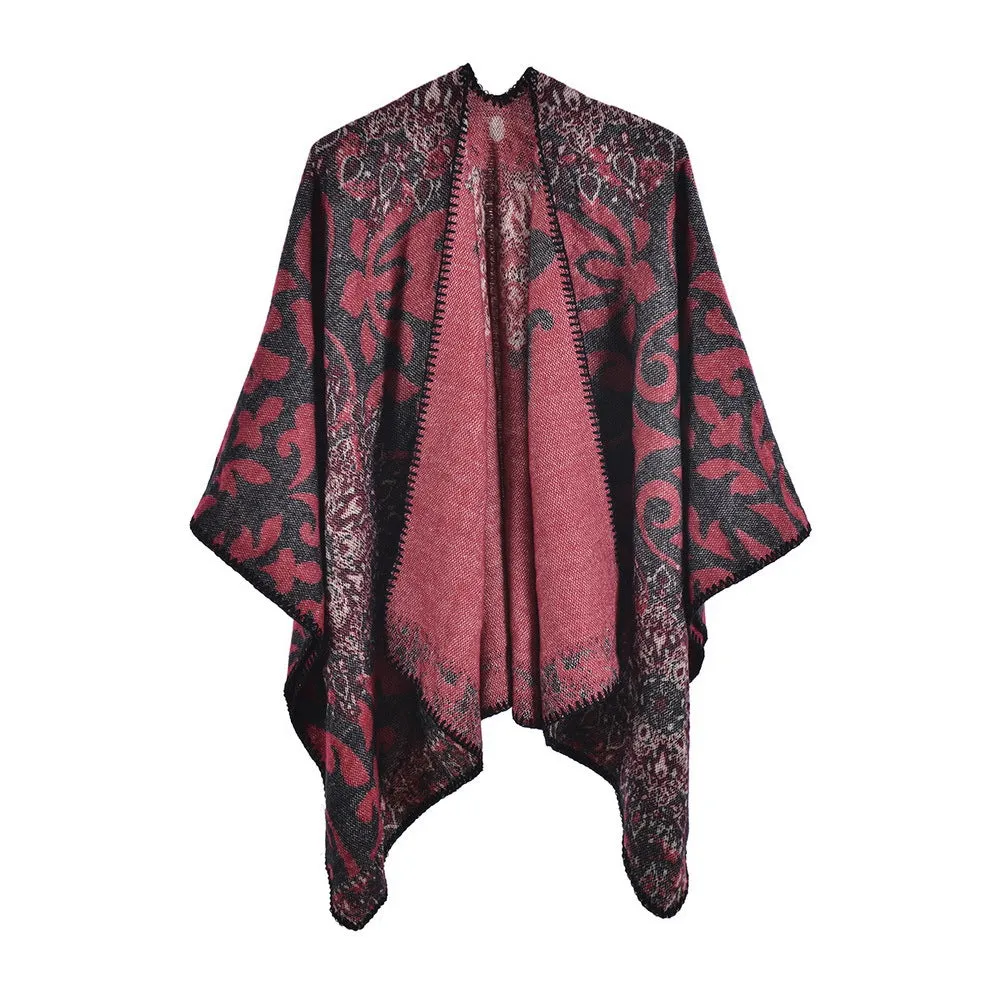 Autumn and Winter Scarf Shawl Retro Elegant Datura Flower Cashmere Split Cape Warm Blanket Wrap