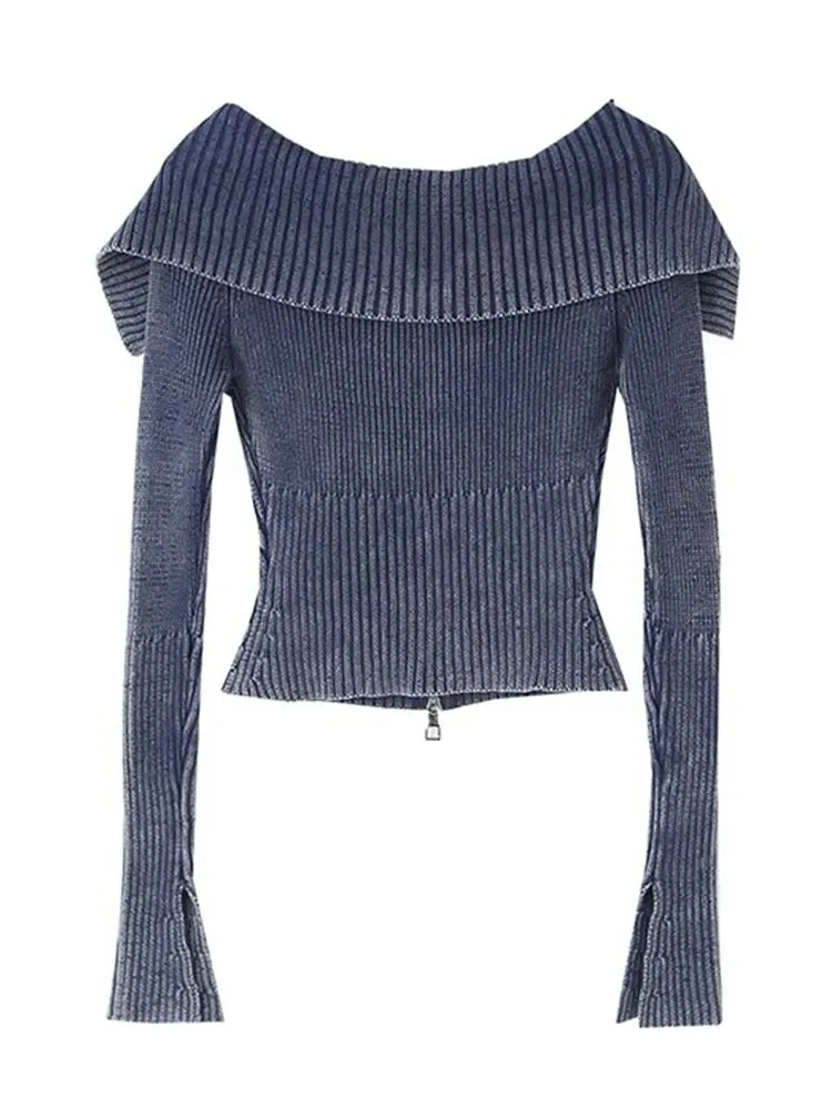 Autumn Y2K Knitted Women Cardigan Sweater Wrist Sleeve Slim Turn-Down Up Collar Double Zippers Female Crop Top C-192