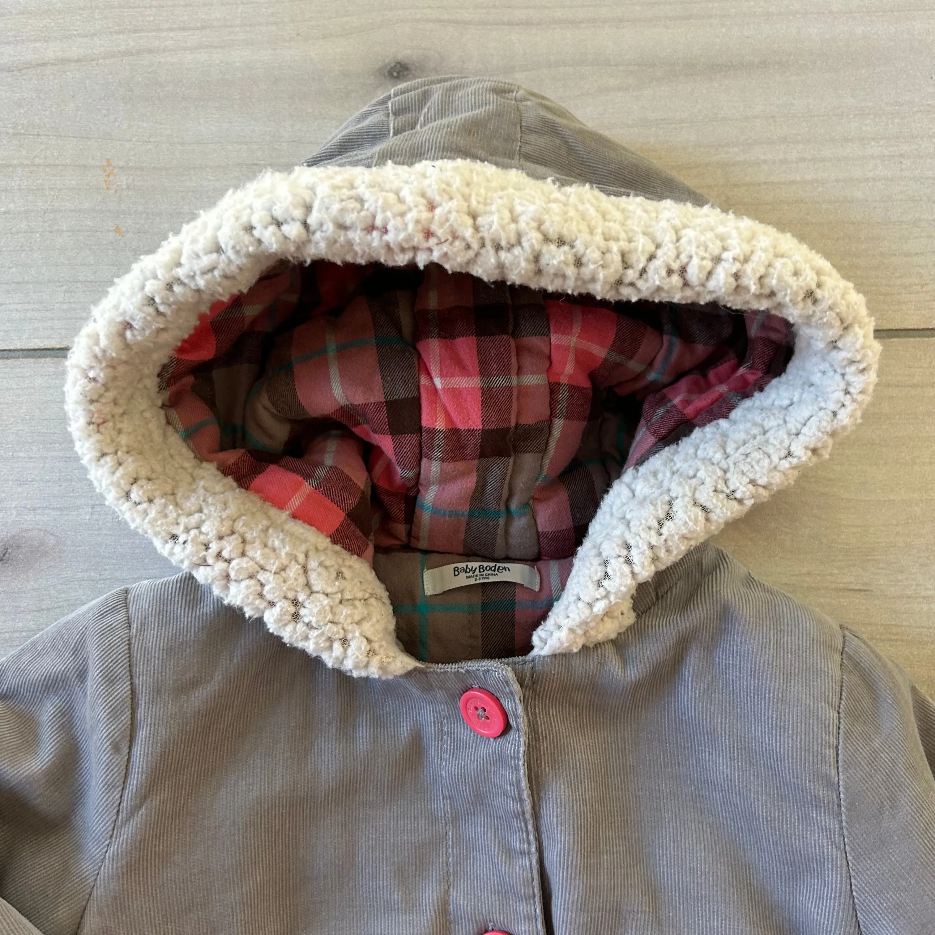 Baby Boden Gray Button Corduroy Hooded Jacket