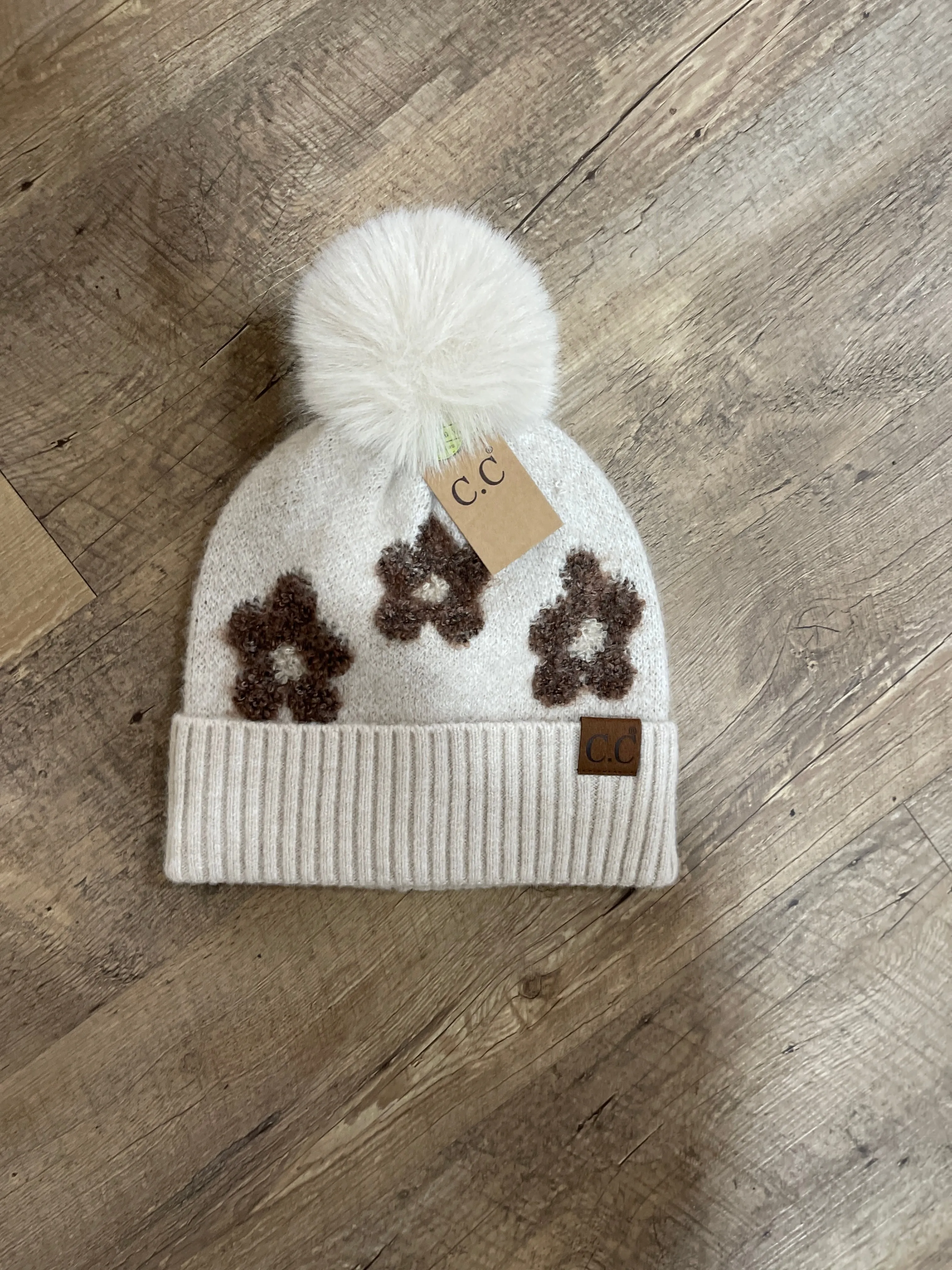 BEIGE FLORAL POM POM CC BEANIE