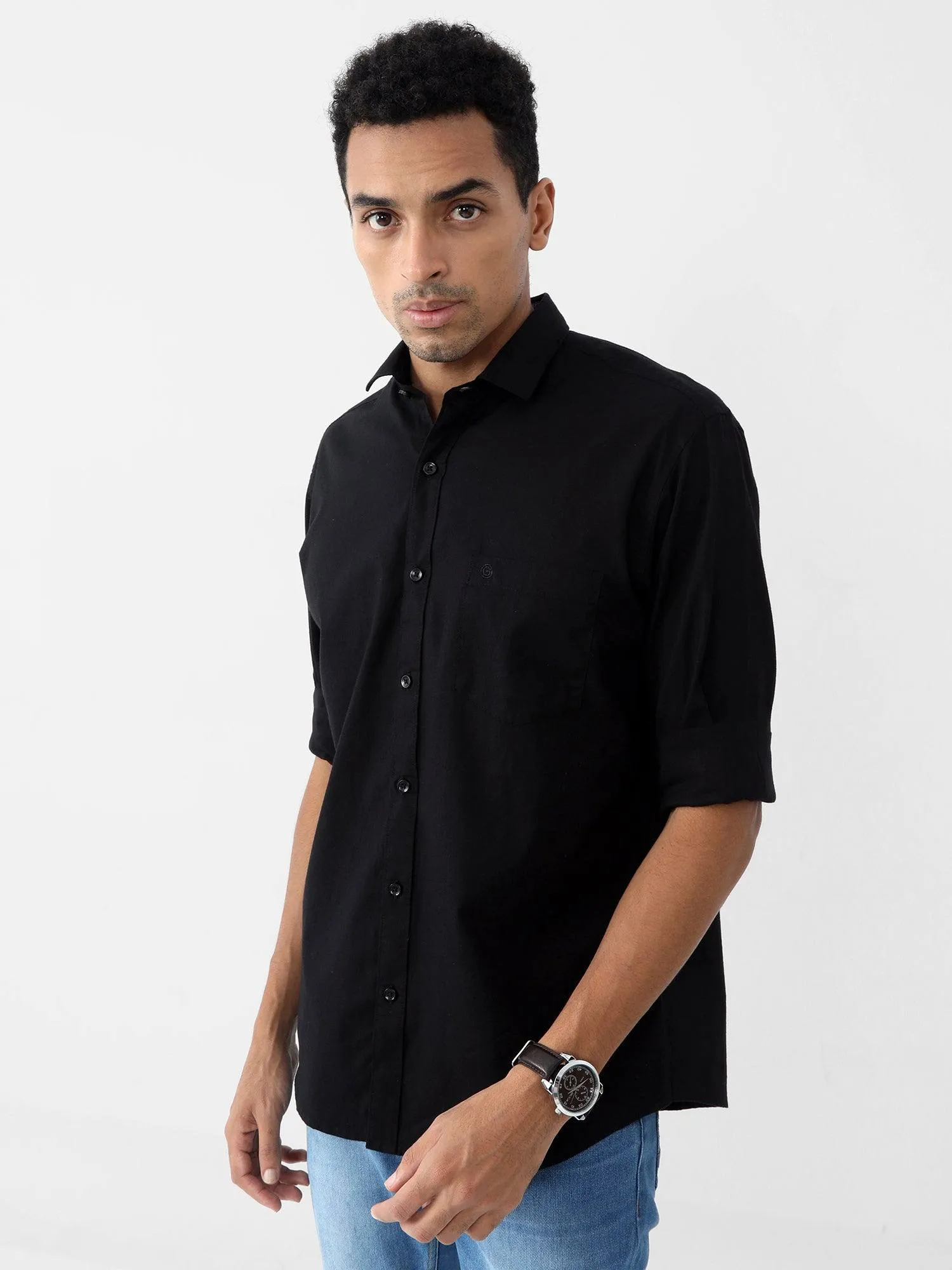 Black Solid Cotton Full Sleeve Shirt