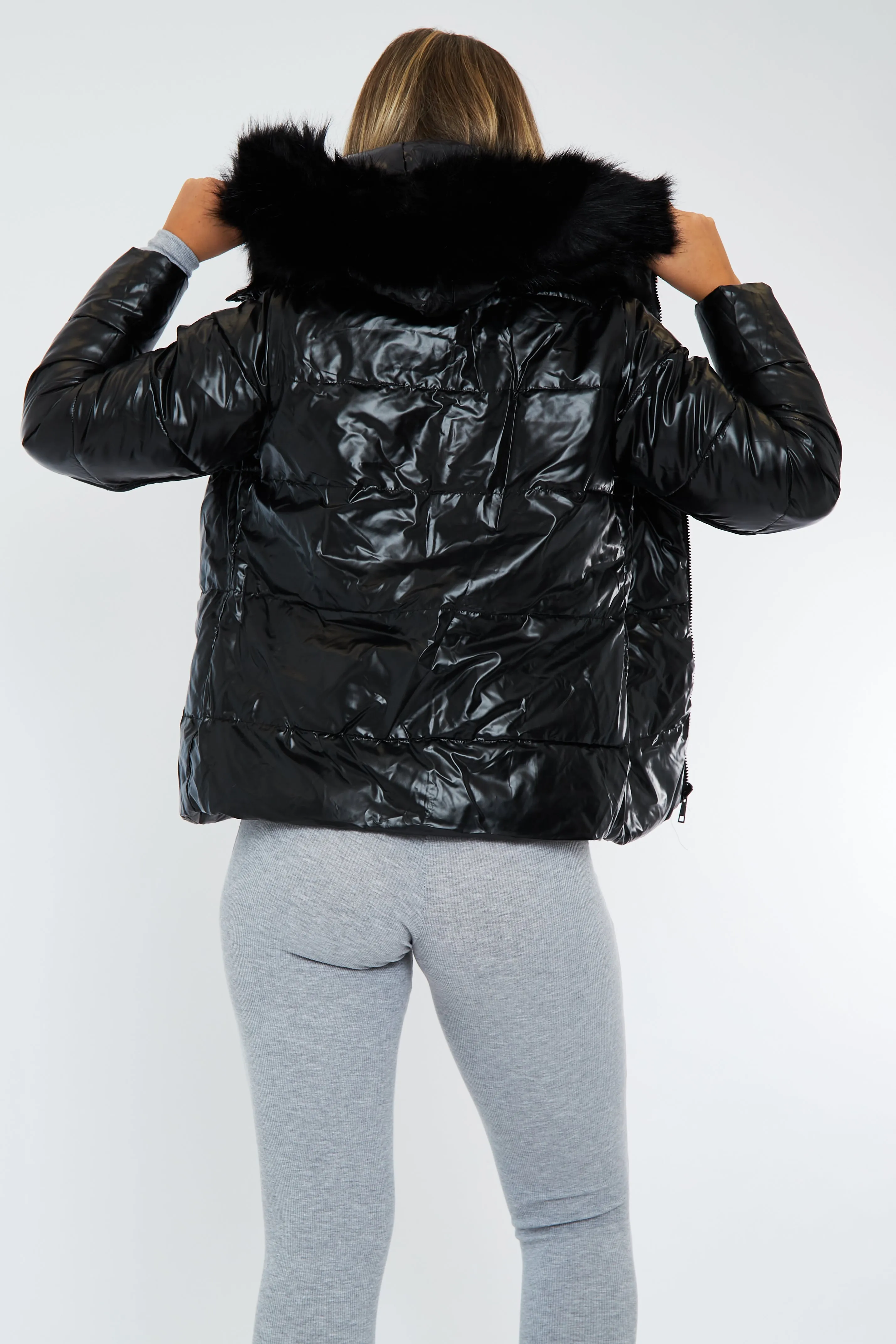 Black Wet Look Reversible Fur Hood Puffer Jacket - Zadie