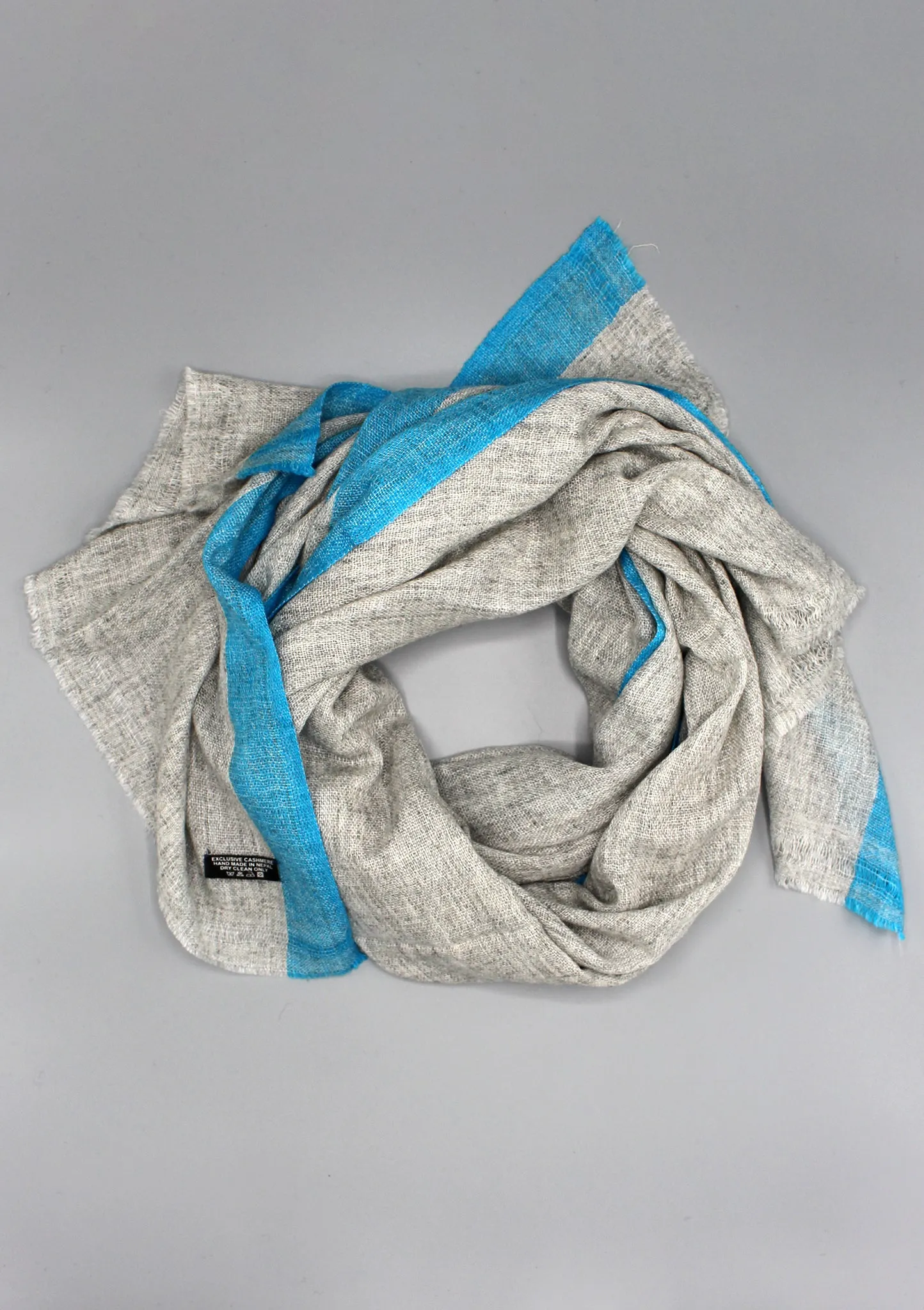 Blue Border Plain Light Gray Mix Wool Cashmere Shawl