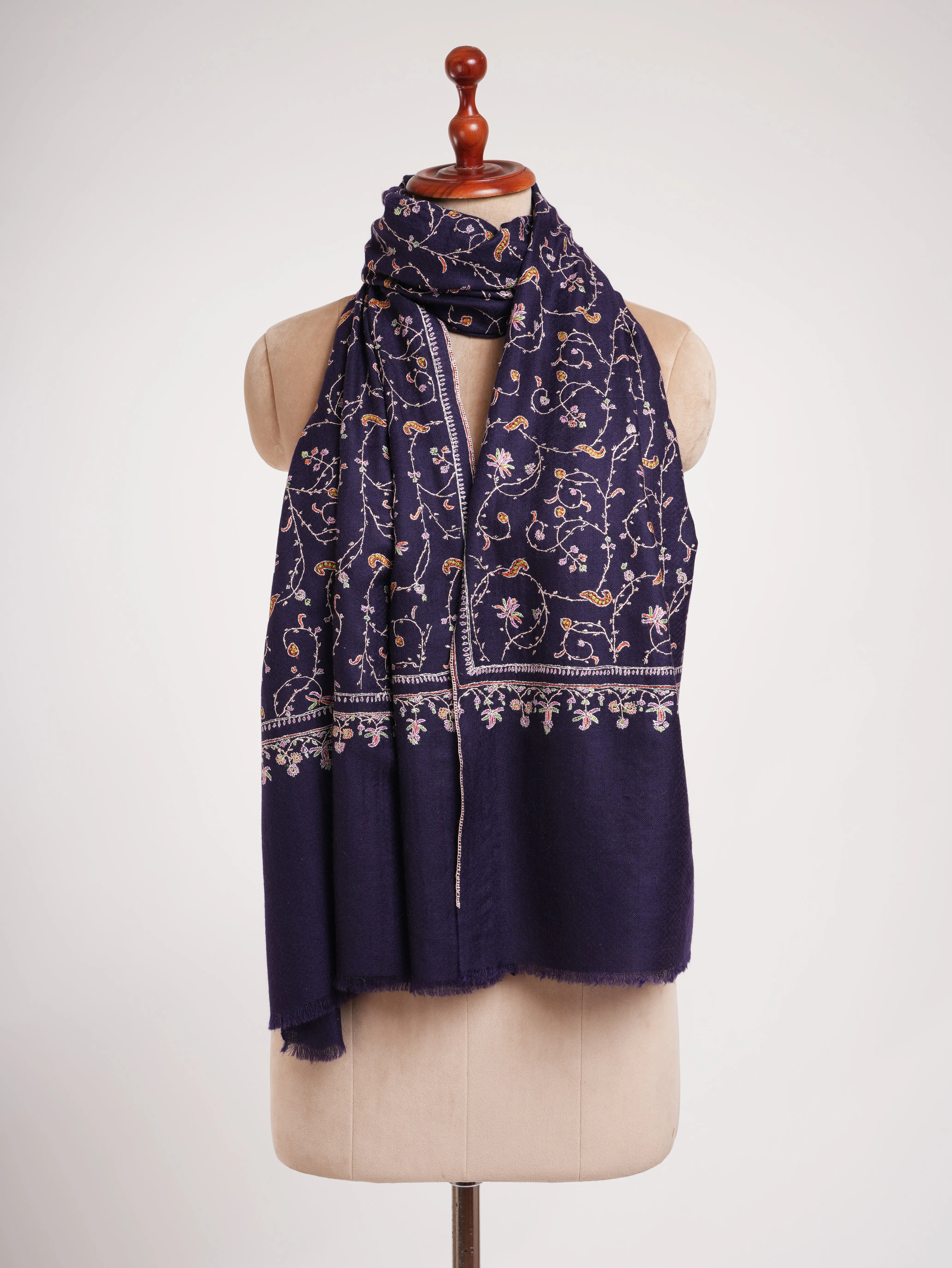 Blue Indian Cashmere Lightweight Scarf with Hand Embroidery