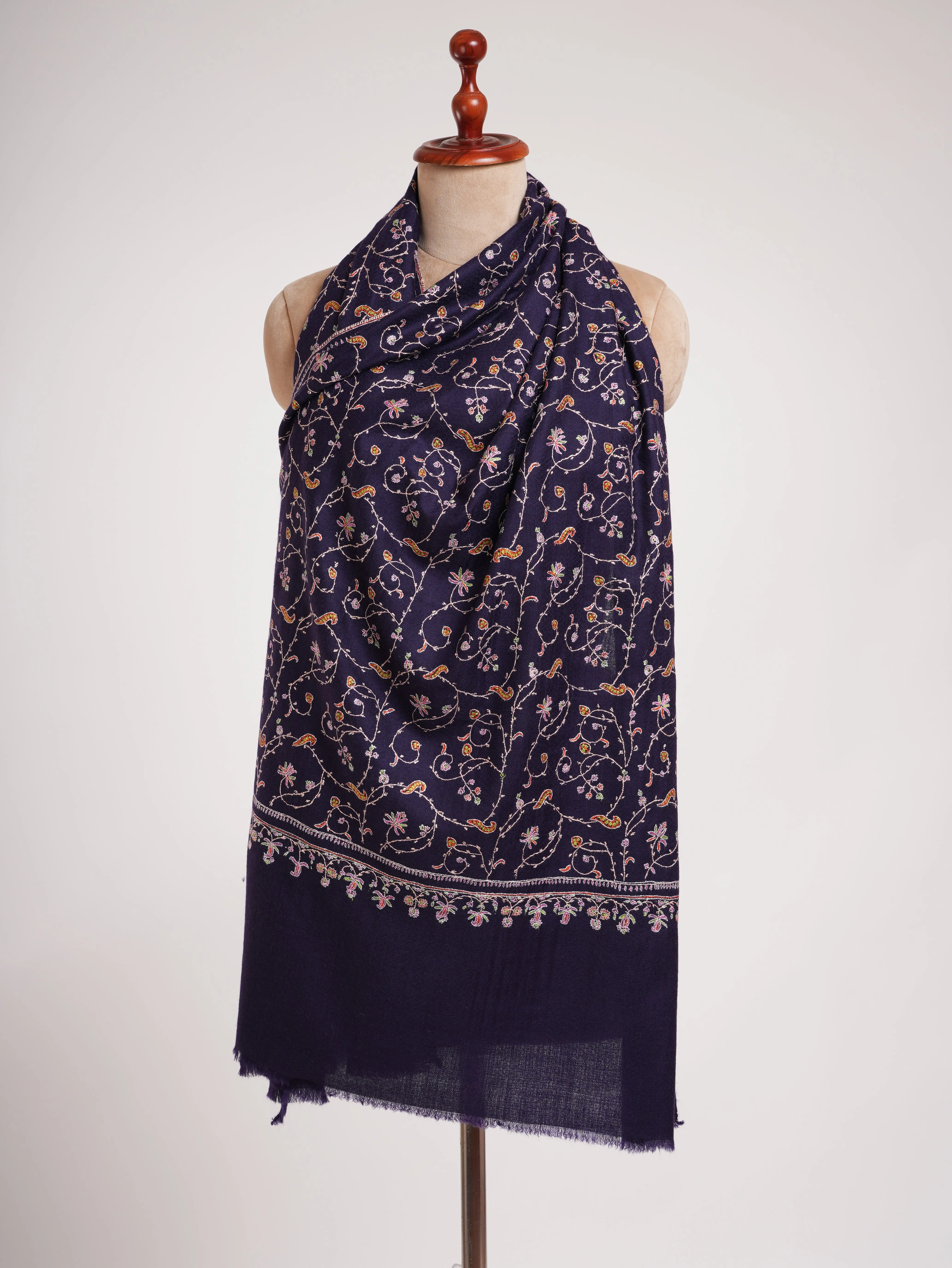 Blue Indian Cashmere Lightweight Scarf with Hand Embroidery