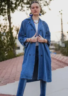 Blue Lapel Long Coat-Her