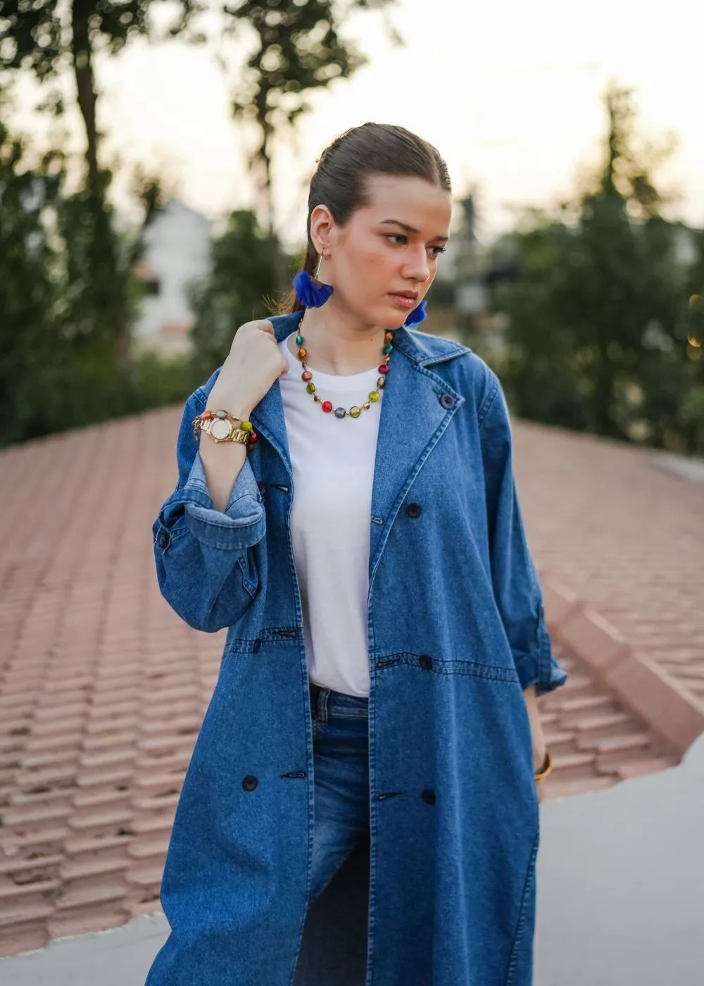 Blue Lapel Long Coat-Her