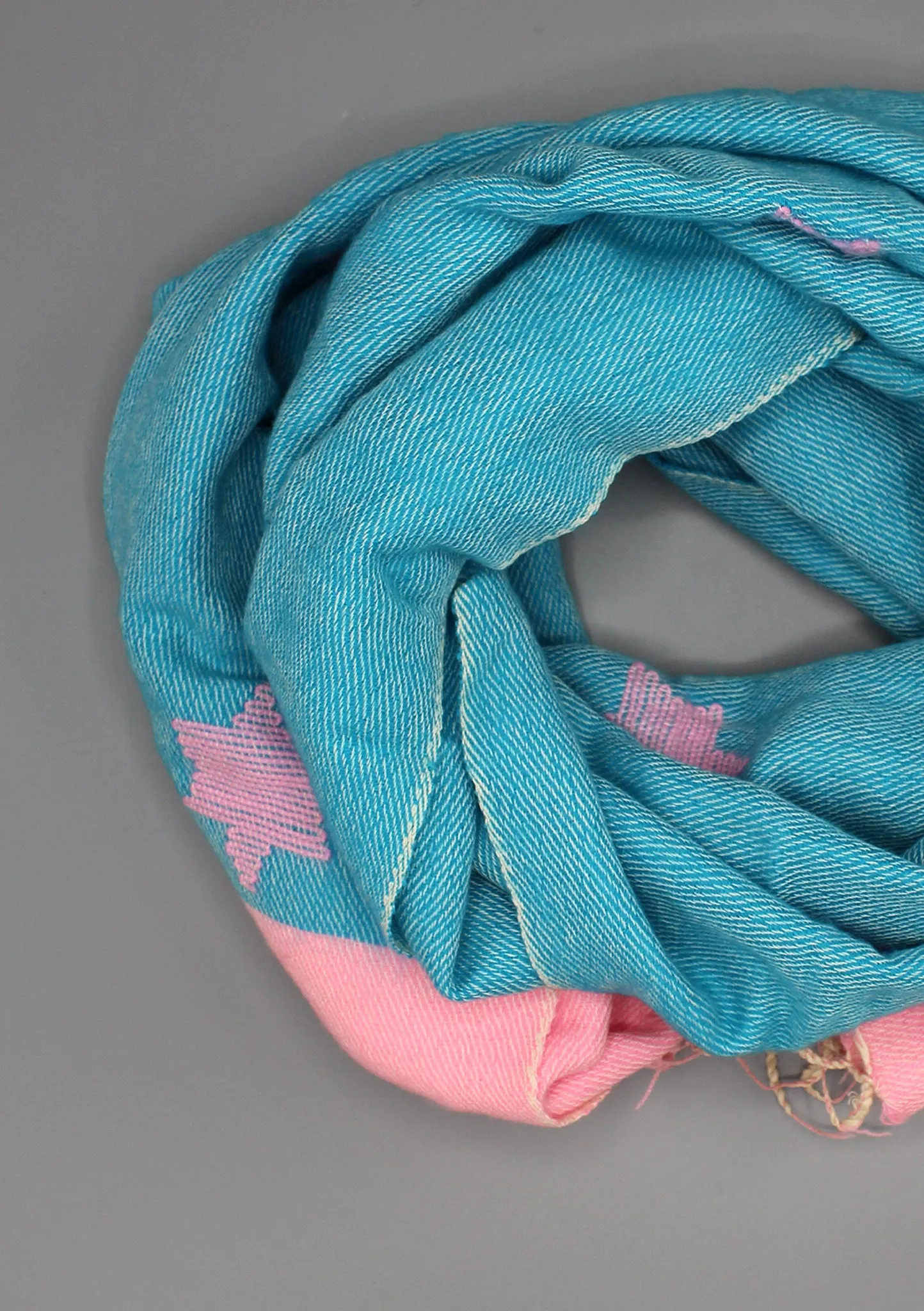 Blue Pink Hand-Loomed Star Pattern Yak Wool Shawl Nepal