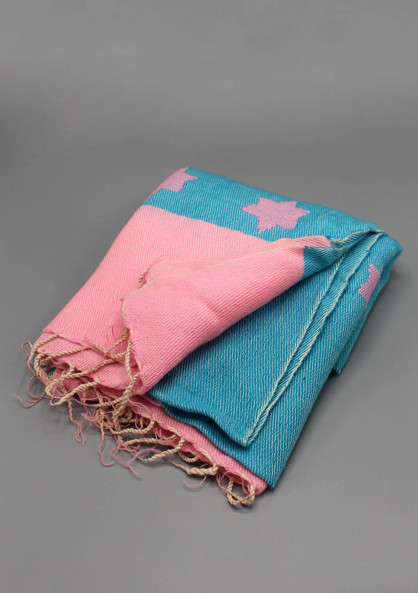 Blue Pink Hand-Loomed Star Pattern Yak Wool Shawl Nepal