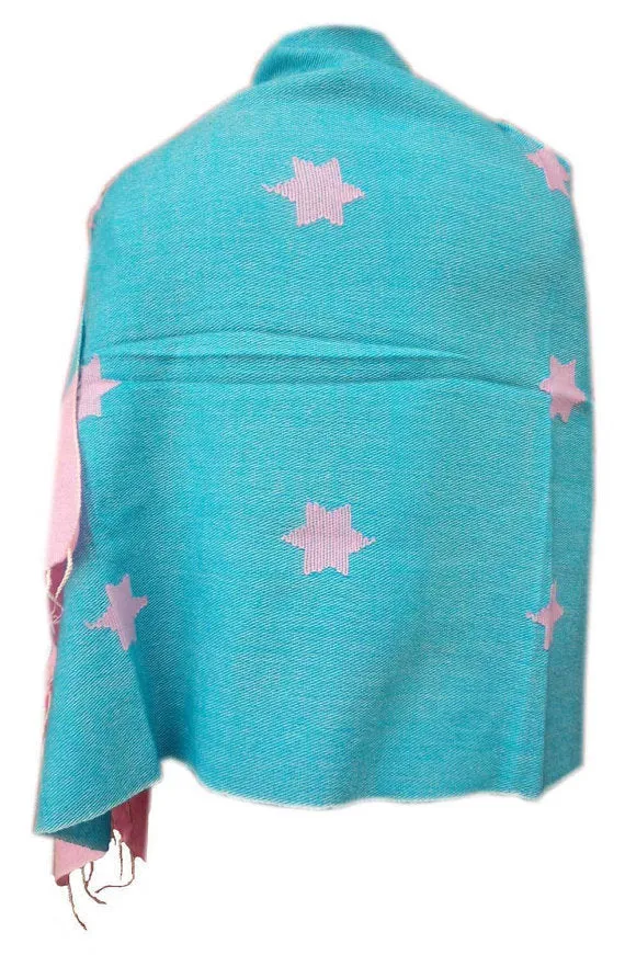 Blue Pink Hand-Loomed Star Pattern Yak Wool Shawl Nepal