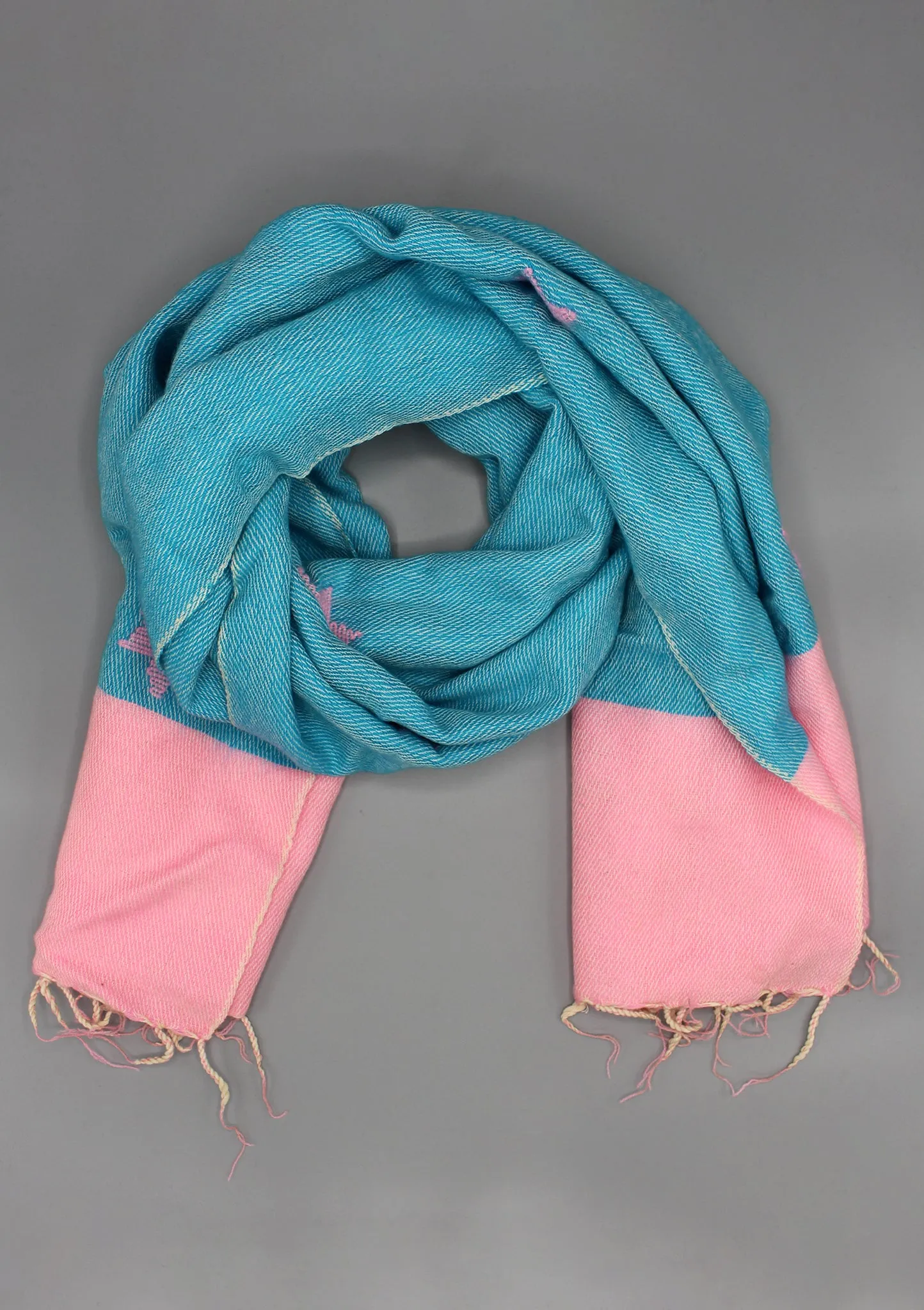 Blue Pink Hand-Loomed Star Pattern Yak Wool Shawl Nepal