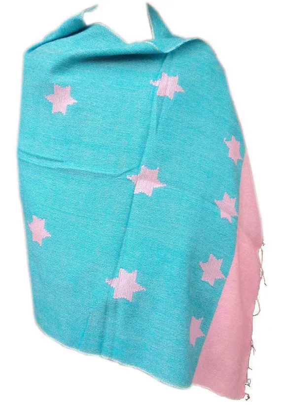 Blue Pink Hand-Loomed Star Pattern Yak Wool Shawl Nepal