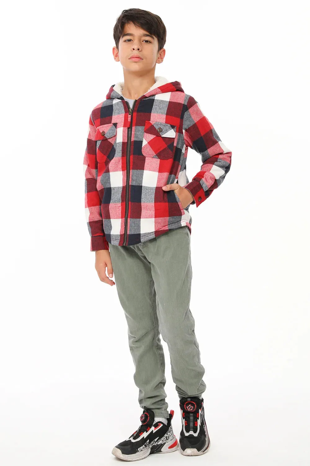 Boys Sherpa Lined Flannel Jacket,Full Zip Up Plaid