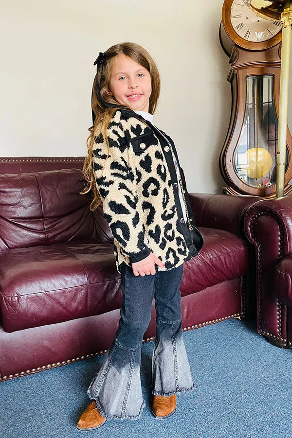 BQ2412 Beige leopard sherpa long sleeve girls jacket/coat