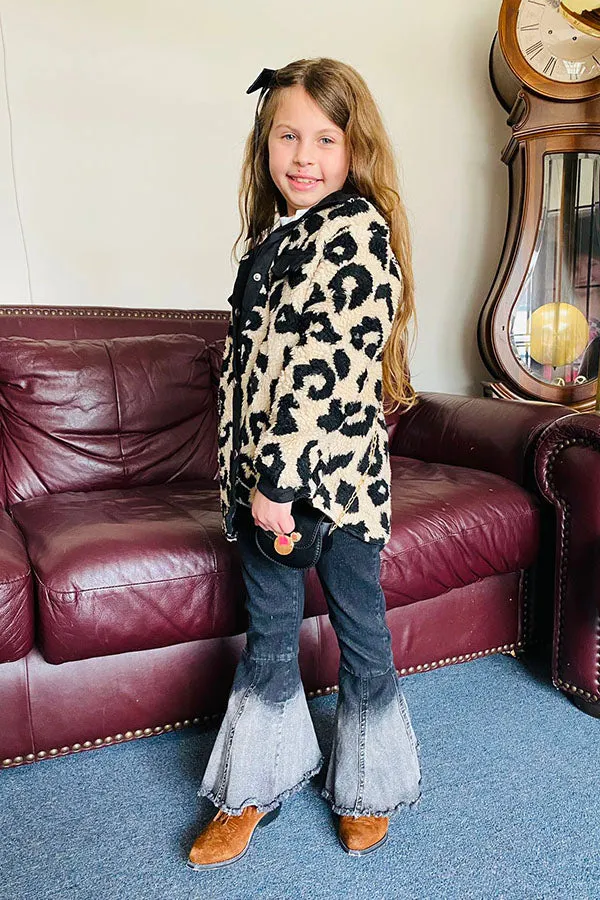 BQ2412 Beige leopard sherpa long sleeve girls jacket/coat