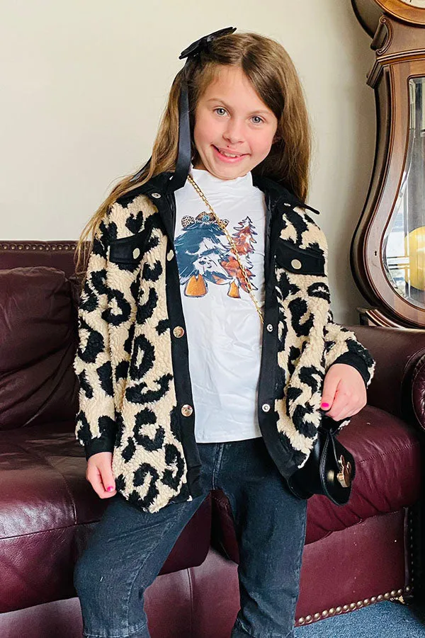 BQ2412 Beige leopard sherpa long sleeve girls jacket/coat