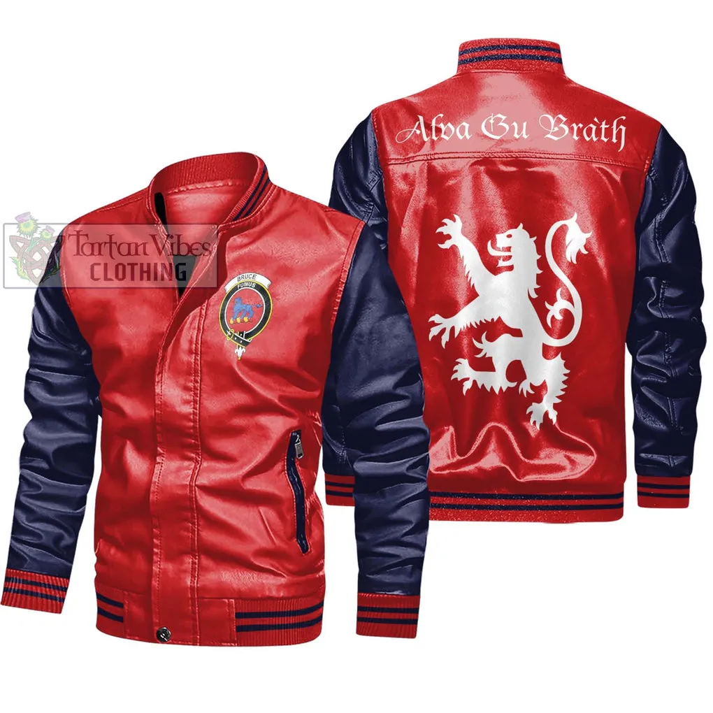 Bruce Family Crest Leather Bomber Jacket Lion Rampant Alba Gu Brath Style