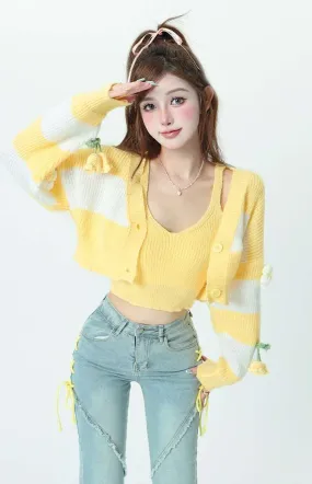 Bubblegum Bumblebee Yellow Flower Camisole Cardigan Two Piece Set