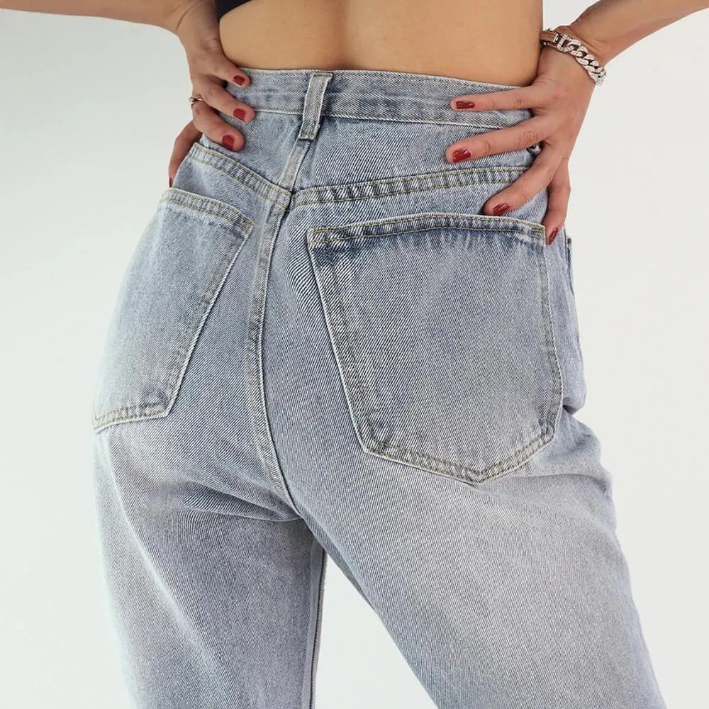 Button Up Jeans for Women Irregular High Waisted Straight Baggy Jeans