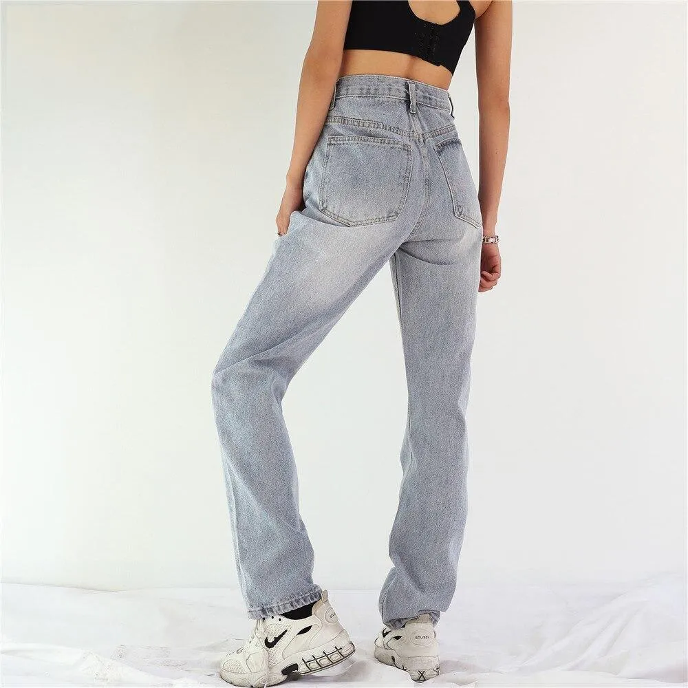 Button Up Jeans for Women Irregular High Waisted Straight Baggy Jeans