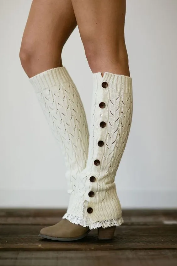 Cable Knit Leg Warmers Off White Boho Legwarmers With Wood Buttons Cream Boot Toppers One Size