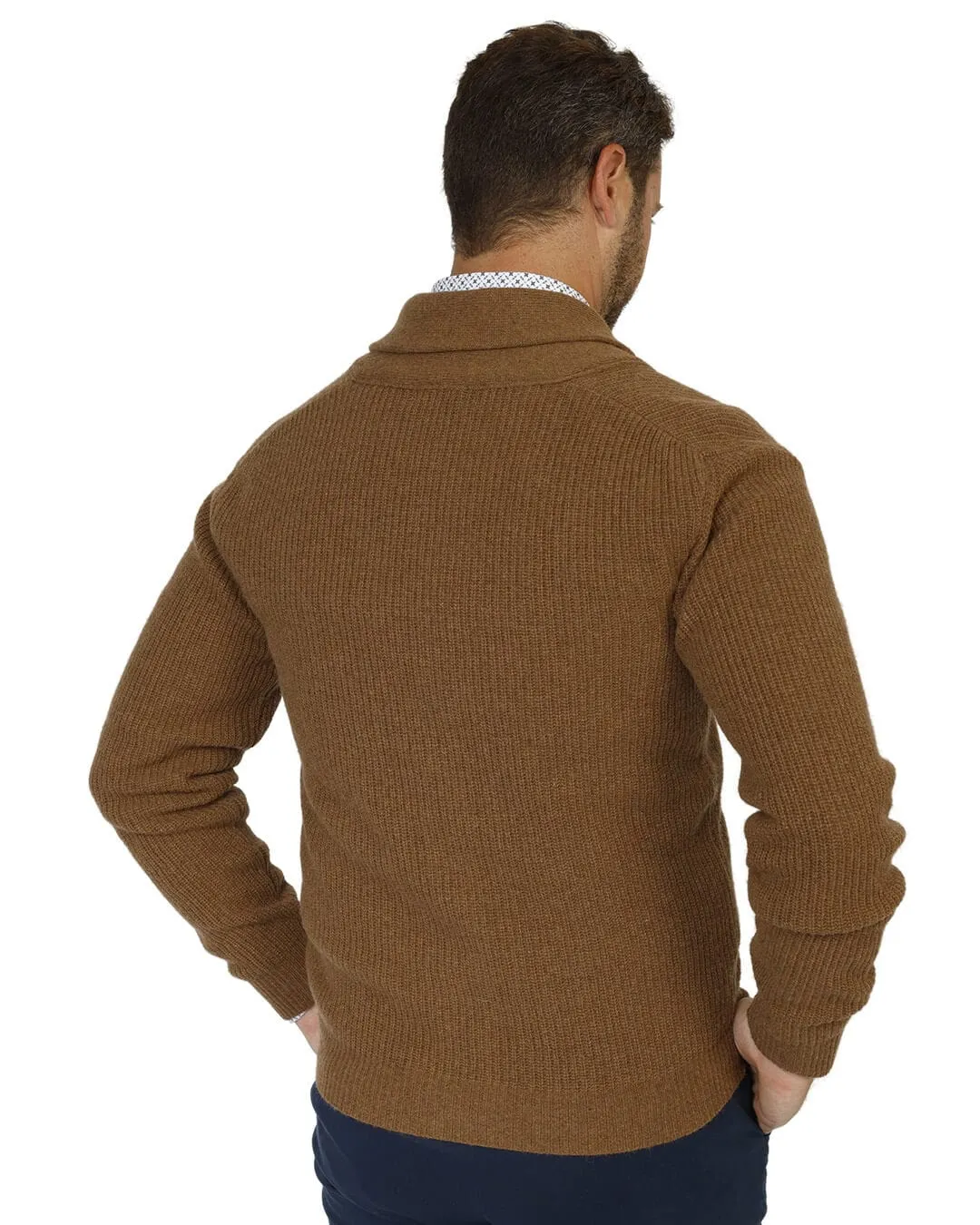 Camel Reclaimed Lambswool Fisherman's Rib Cardigan