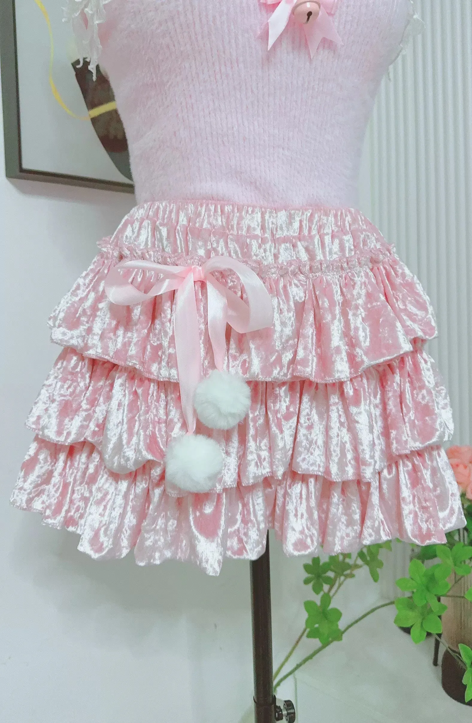 Candy Fairy Plush Fur Lace White Camisole & Jacket & Pink Ruffle Skirt Three Piece Set