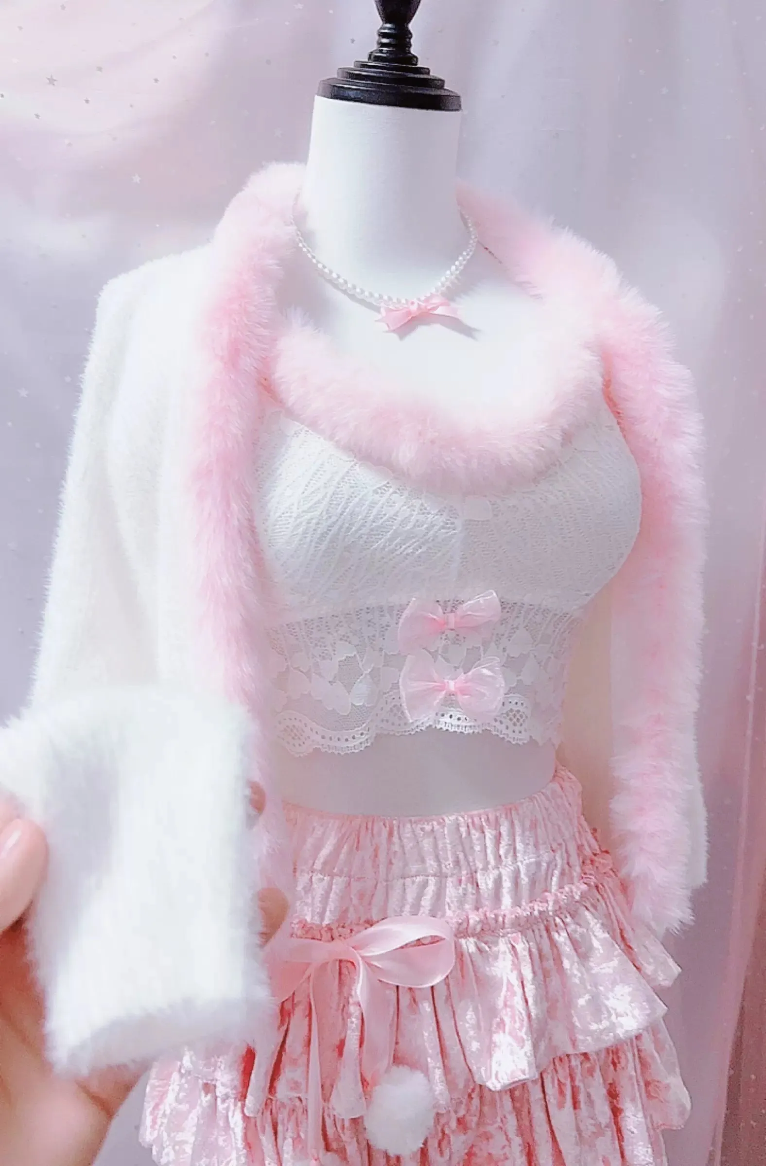 Candy Fairy Plush Fur Lace White Camisole & Jacket & Pink Ruffle Skirt Three Piece Set