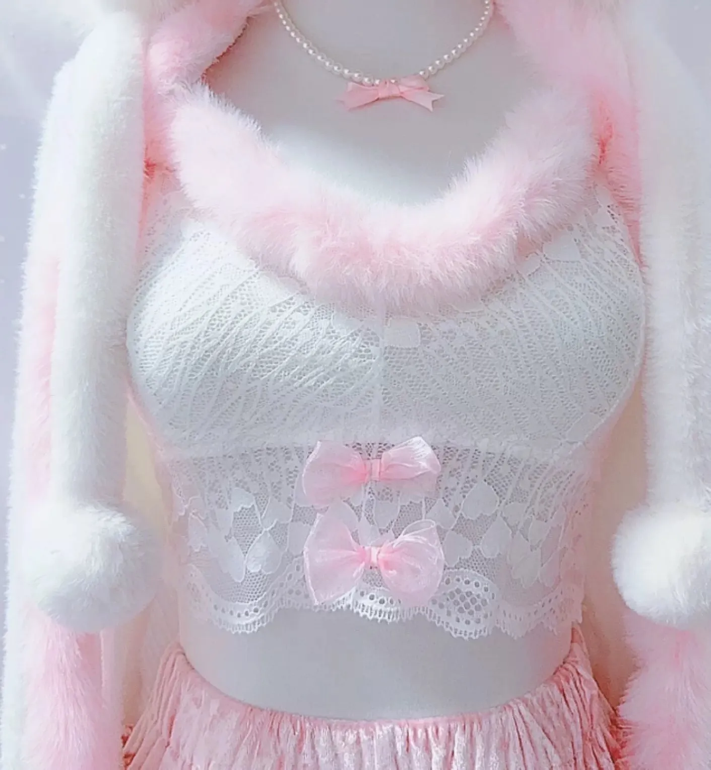 Candy Fairy Plush Fur Lace White Camisole & Jacket & Pink Ruffle Skirt Three Piece Set