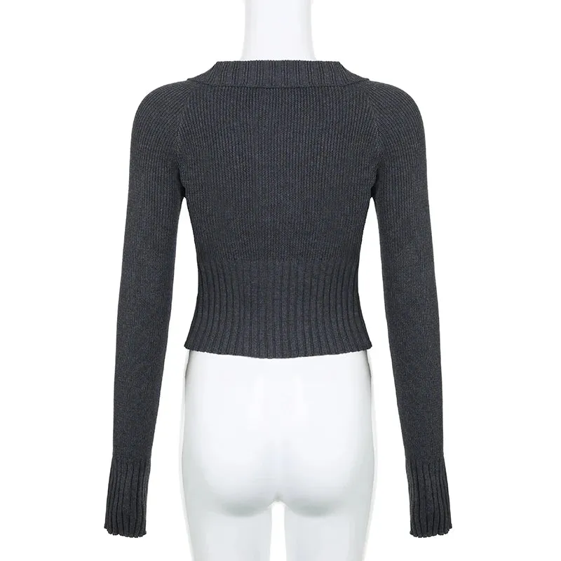 Casual Dark Gray Skinny Knitted Cardigan Female Crop Knit Sweater Autumn Winter Basic Zip Up Jacket Knitwears Outfits