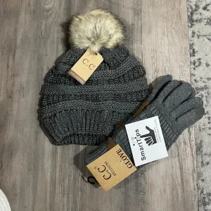 C.C. Charcoal Metallic Fur Pom Pom Hat & Gloves