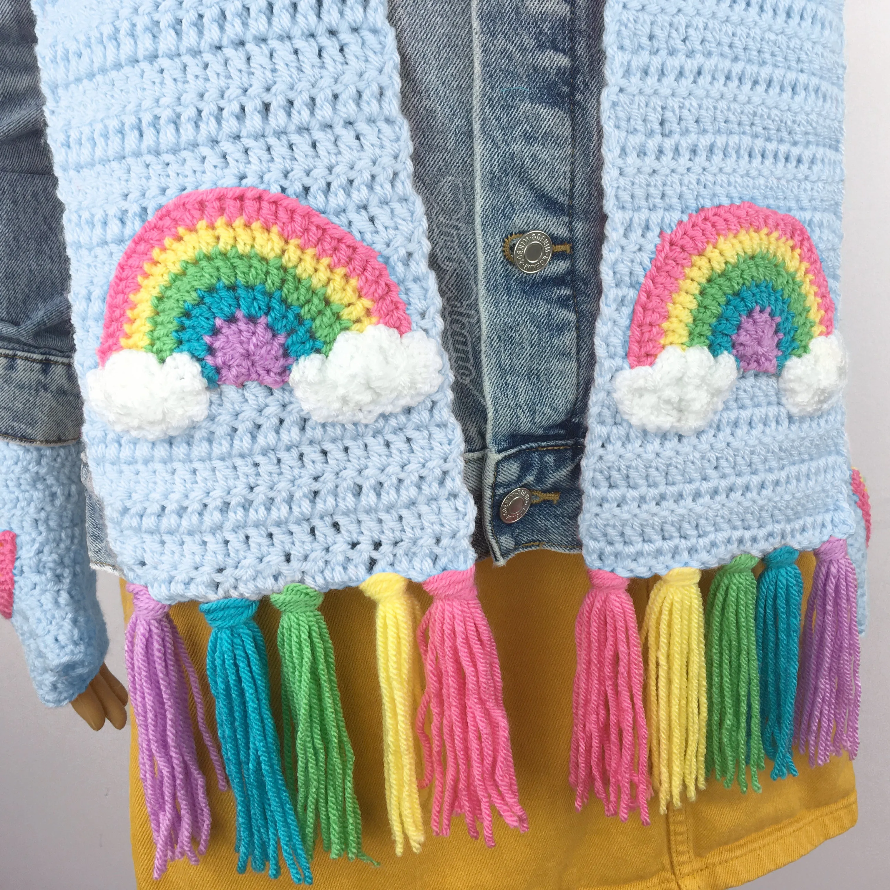 Chunky Pastel Rainbow Cloud Scarf & Fingerless Gloves Set (Duck Egg Blue)