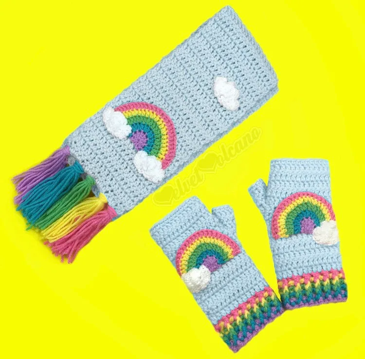 Chunky Pastel Rainbow Cloud Scarf & Fingerless Gloves Set (Duck Egg Blue)