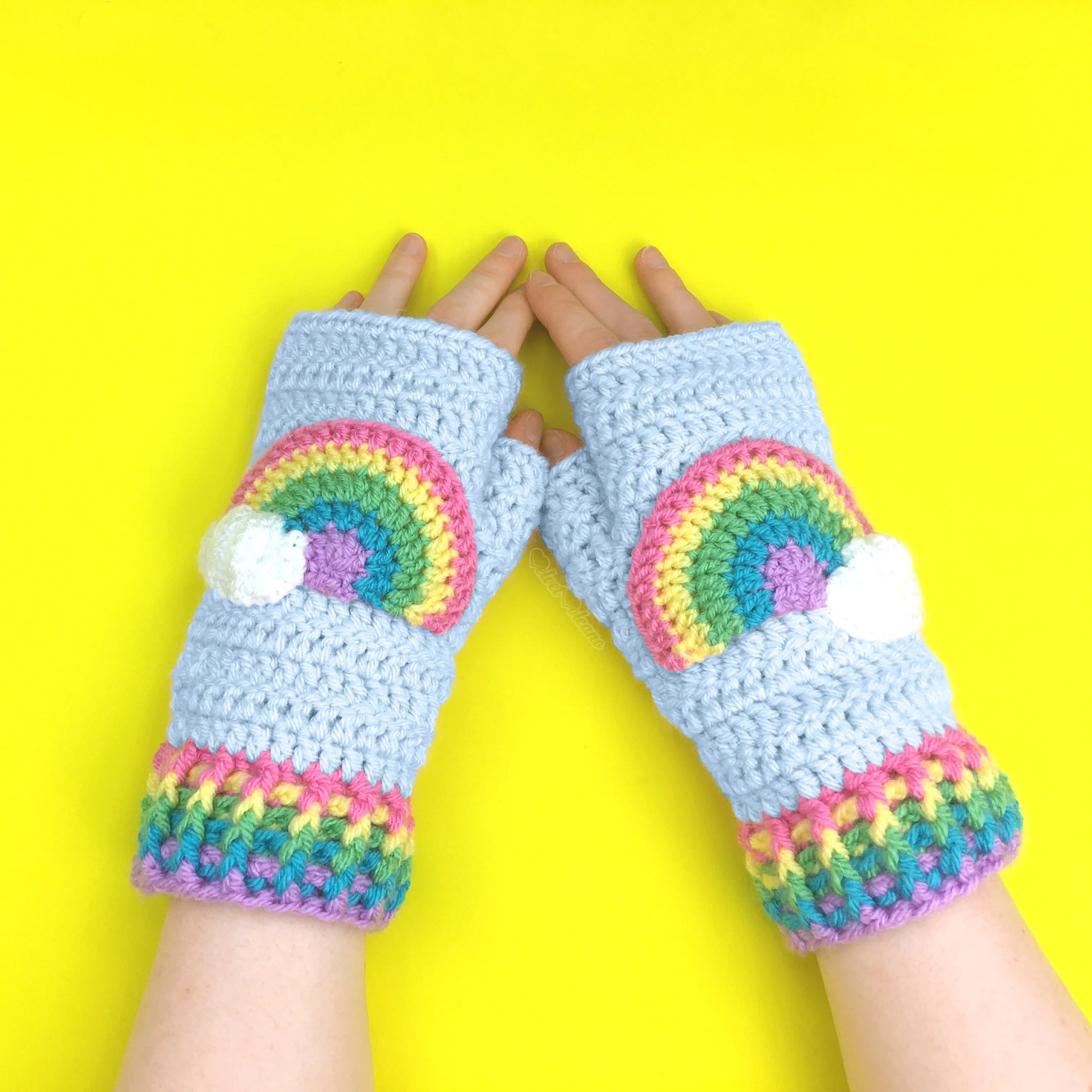 Chunky Pastel Rainbow Cloud Scarf & Fingerless Gloves Set (Duck Egg Blue)