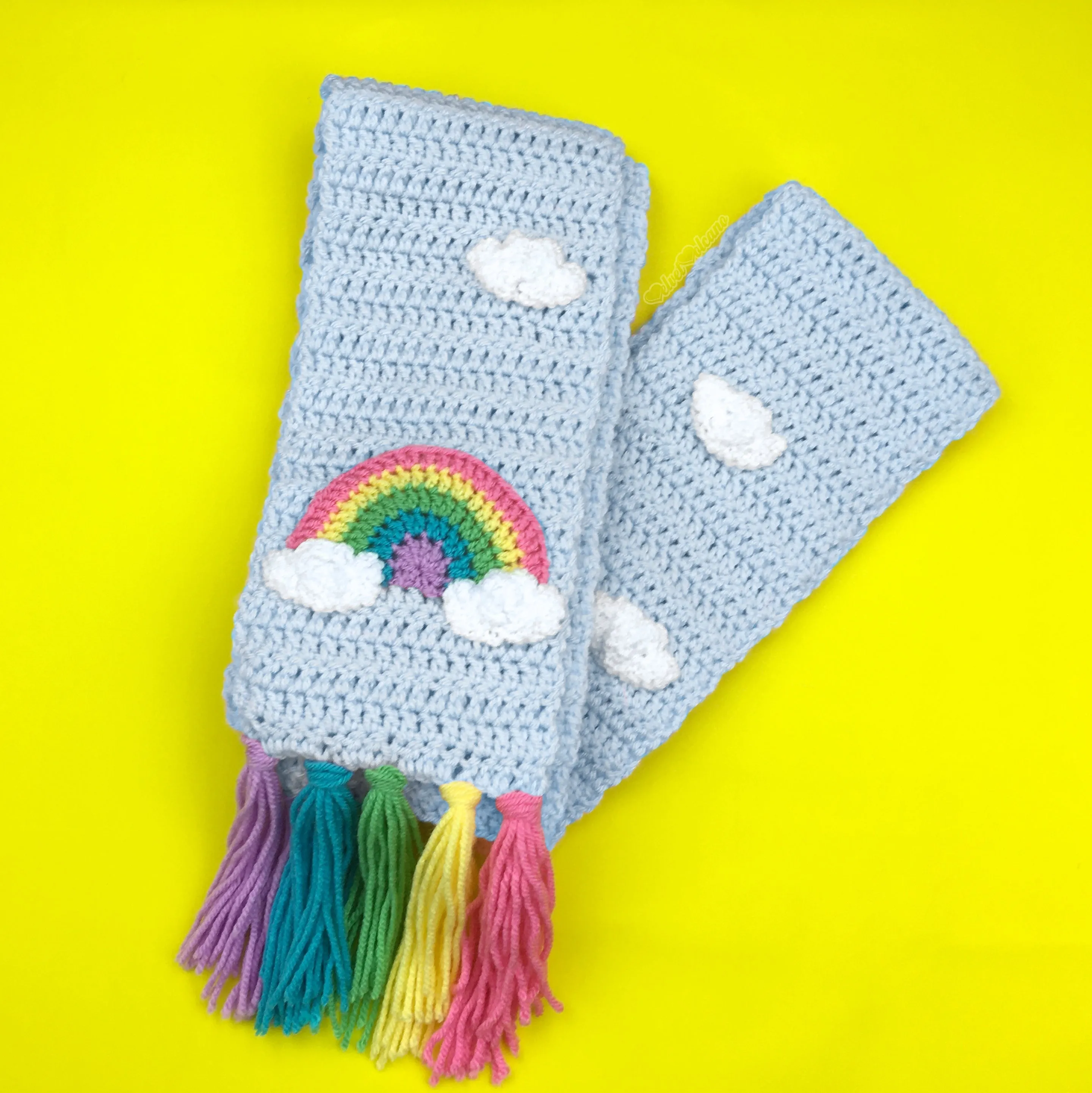 Chunky Pastel Rainbow Cloud Scarf & Fingerless Gloves Set (Duck Egg Blue)