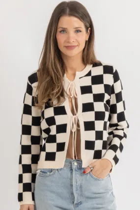 CLASSIC CHECKED TIE FRONT SWEATER