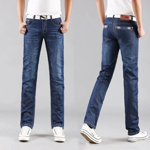 Classic Men Casual Mid-Rise Straight Denim Jeans