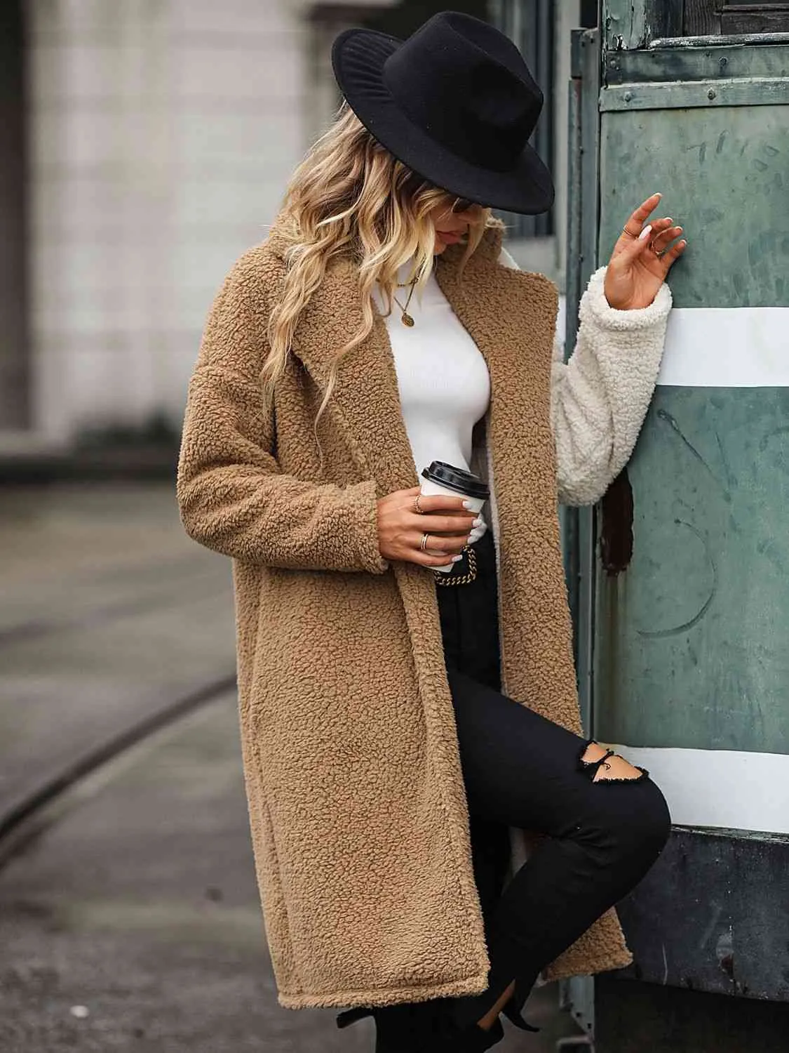 Contrast Dropped Shoulder Sherpa Coat