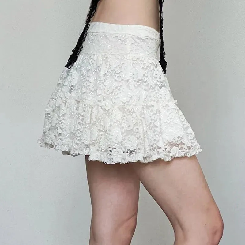 Coquette Fashion White Low Waist Lace Skirt Women Ruched Frills Hotsweet Korean Mini Skirt A-Line Folds Party Outfits